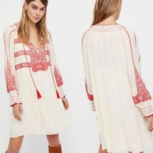 Free People Wind Willow Embroidered Long Sleeve Boho Mini Peasant Dress Sz S NWT